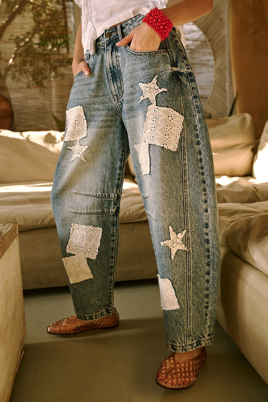 Pre Order Patchwork Barrel Denim Pants