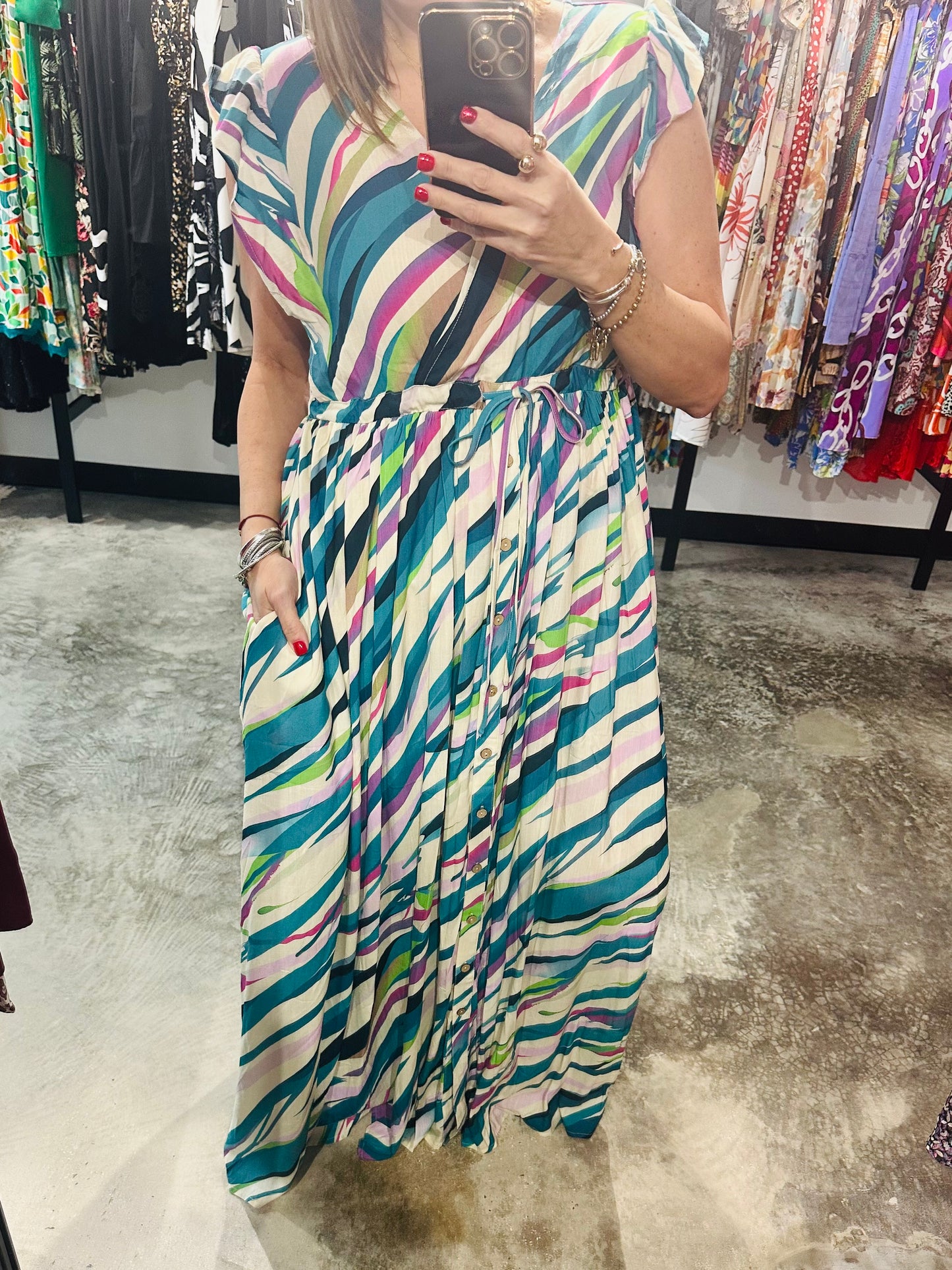 Teal Abstract Print Maxi Dress