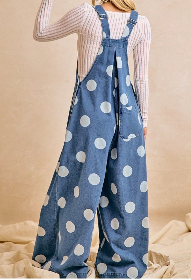 Polka Dot Denim Wide Leg Jumpsuit