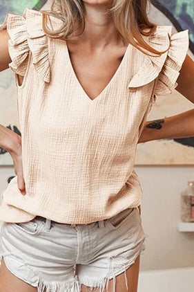 Ruffle Gauze V Neck Top
