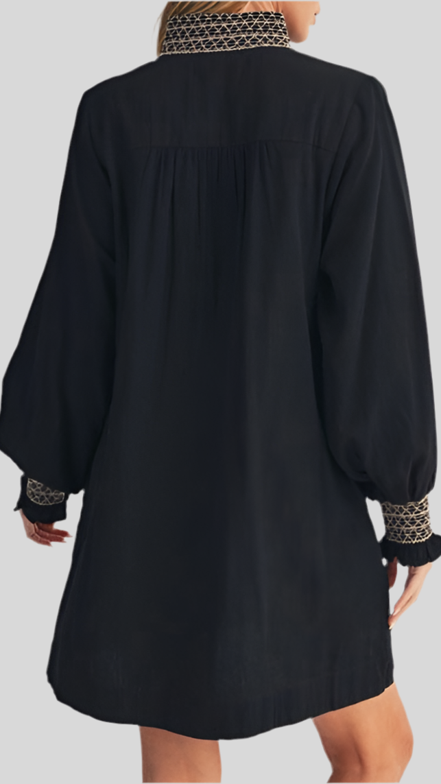 Embroidered Black Short Dress