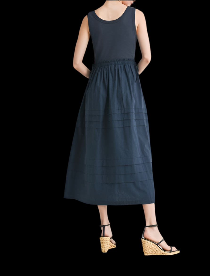 Navy Mixed Fabric Midi Dress