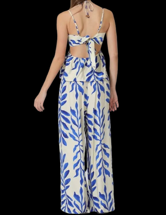 Ivory & Blue Adjustable Strap Tone with White Leg Pant Set