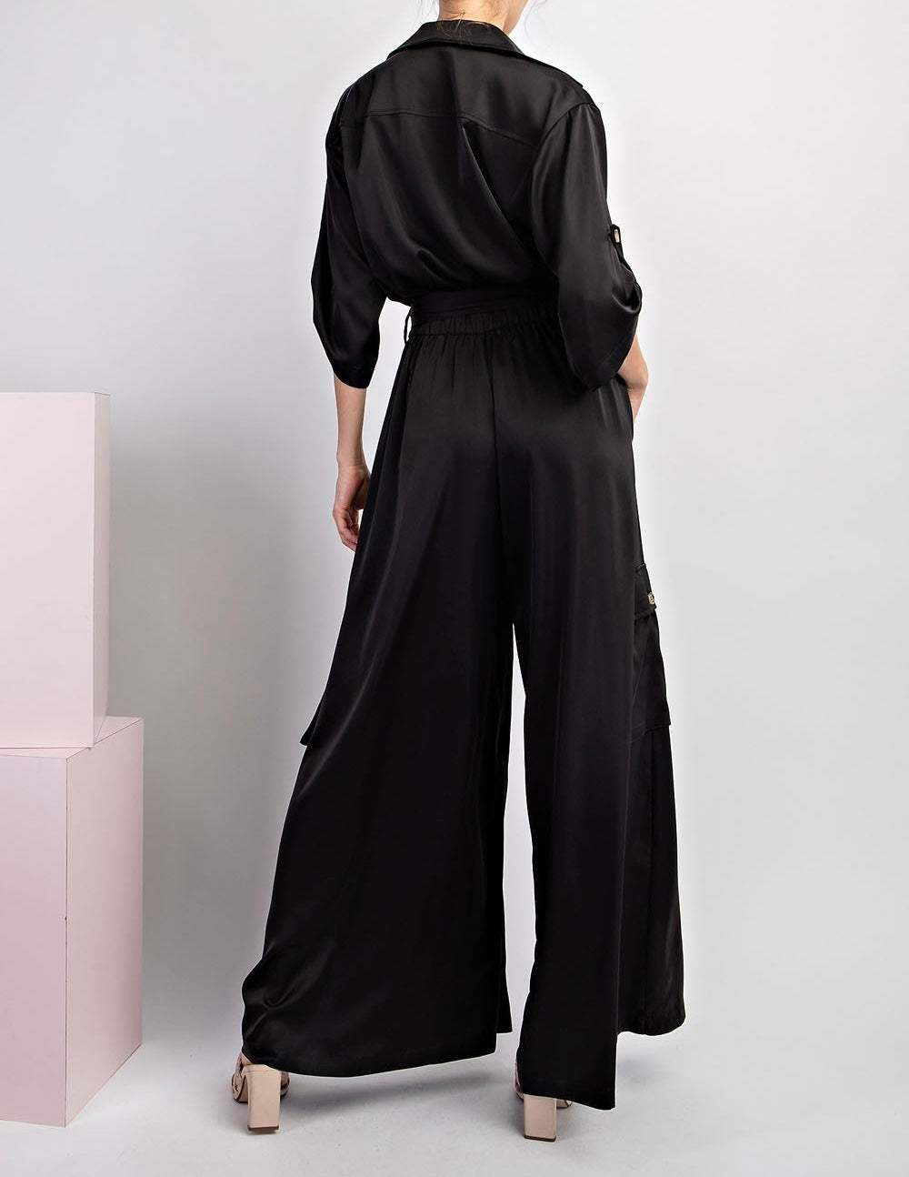 Black Satin Button Down Wide Leg Jumpsuit