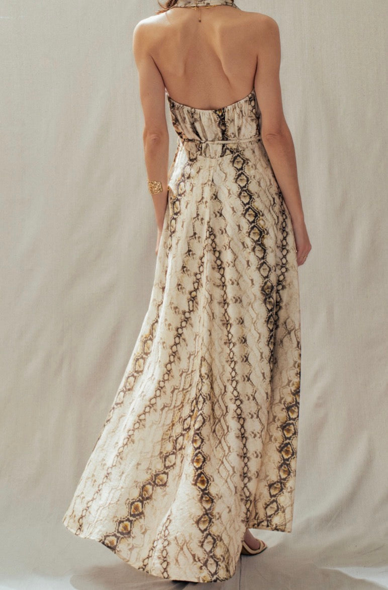 Halter Boho Snake Print Maxi Dress