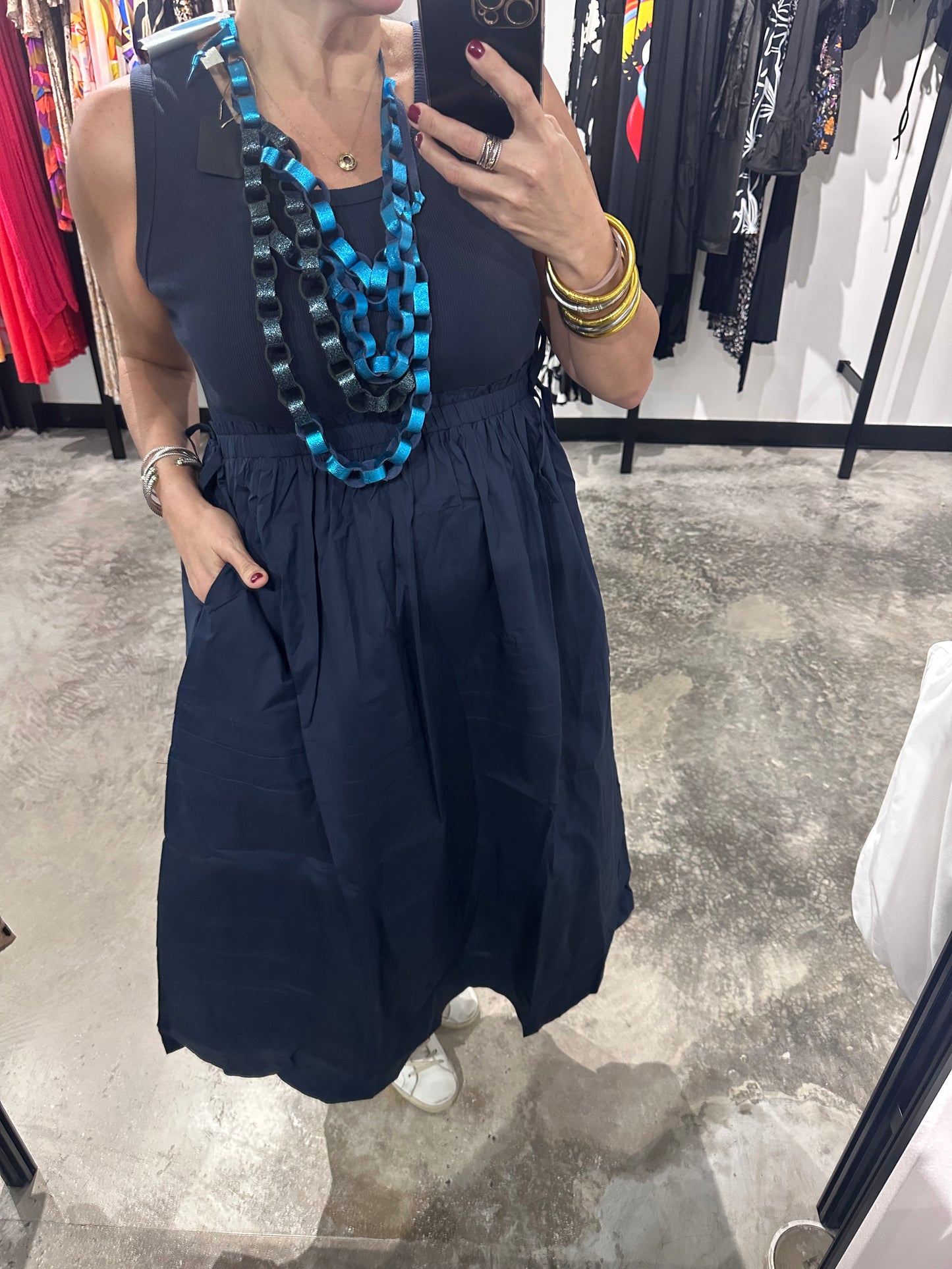 Navy Mixed Fabric Midi Dress