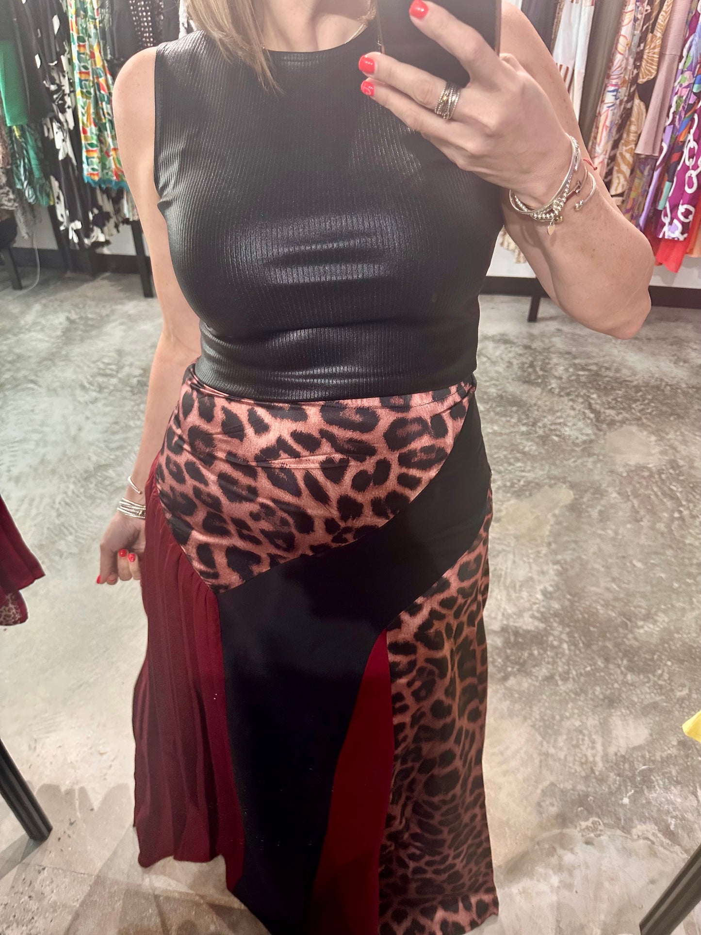 Wine Color Blocked Maxi Skirt