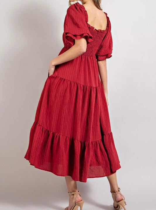 Wine Puff Sleeves Tiered Midi Dress