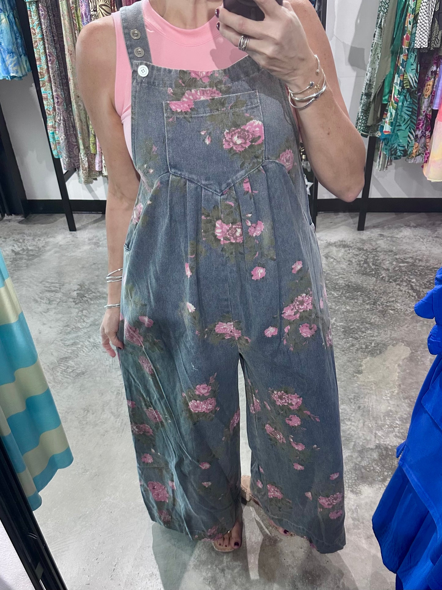 Flower Print Denim Wide Leg Overall Jumpsuit