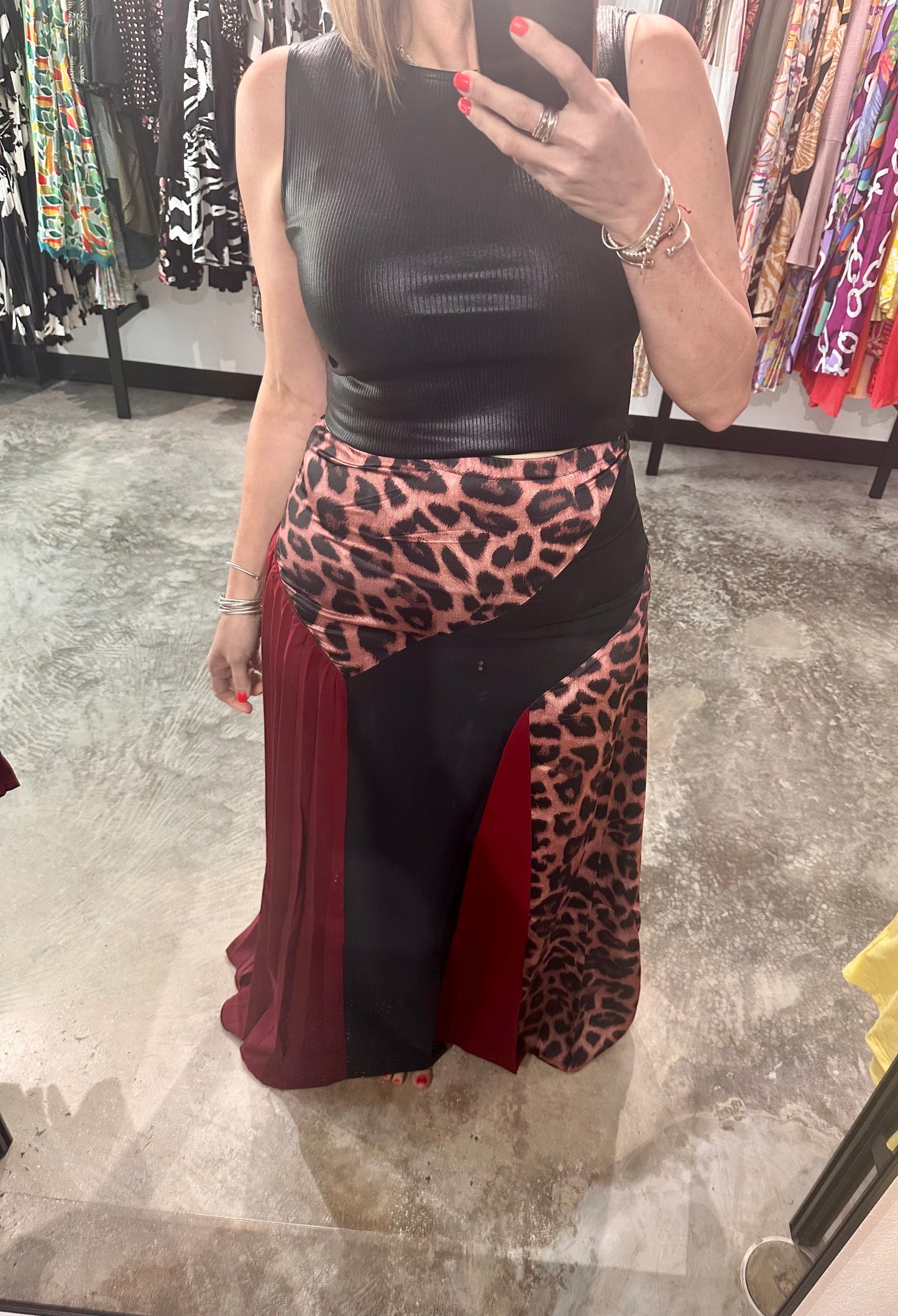Wine Color Blocked Maxi Skirt