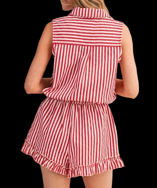 Stripe Button Down Sleeveless Romper