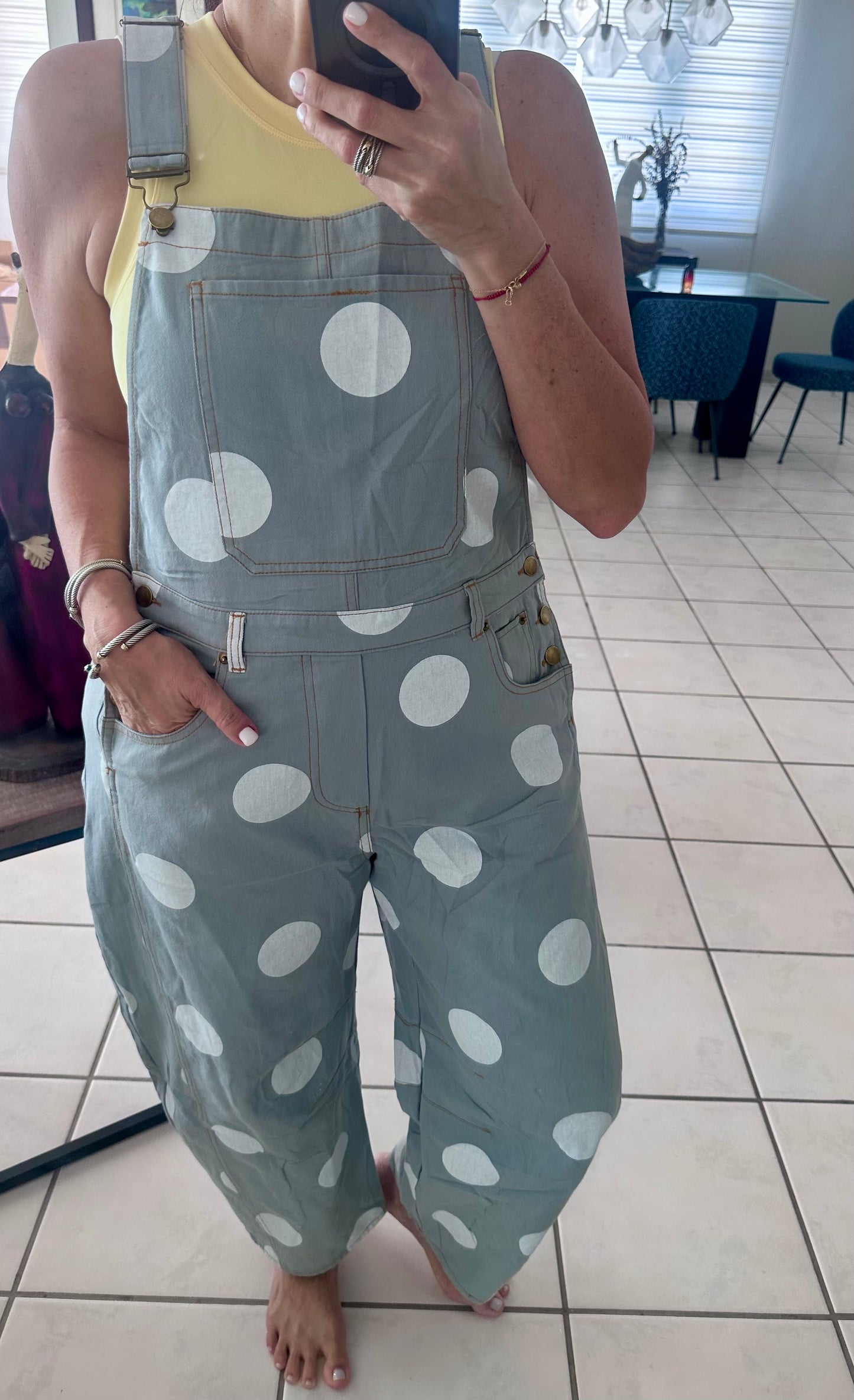 Polka Dot Denim Barrel Overall