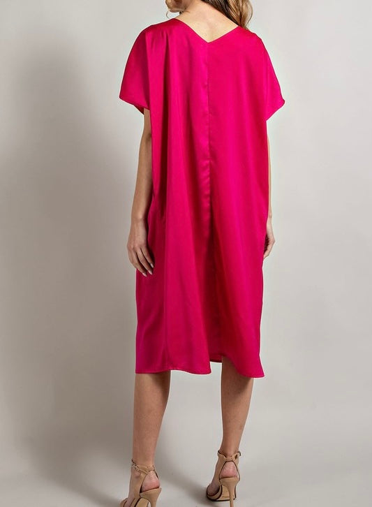 Hot Pink V Neck Midi Dress