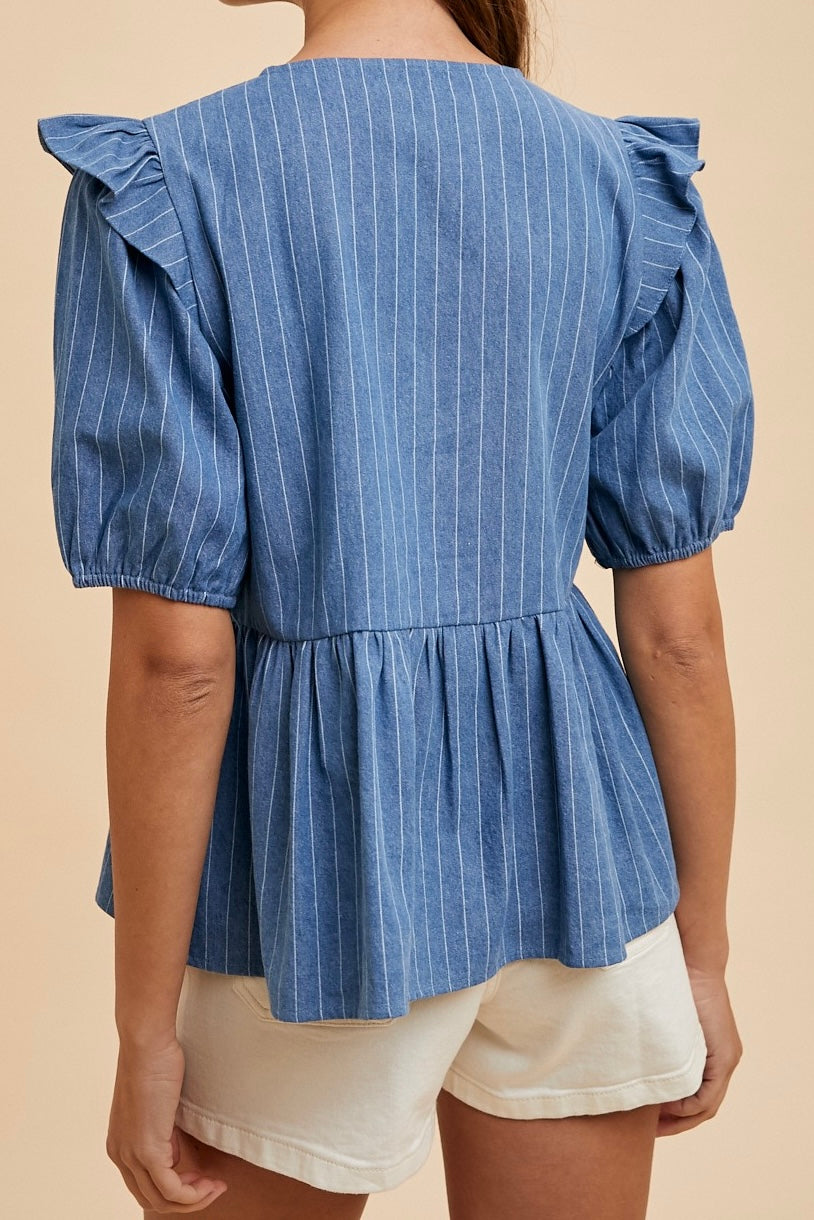 Stripe Bow Peplum Denim Top