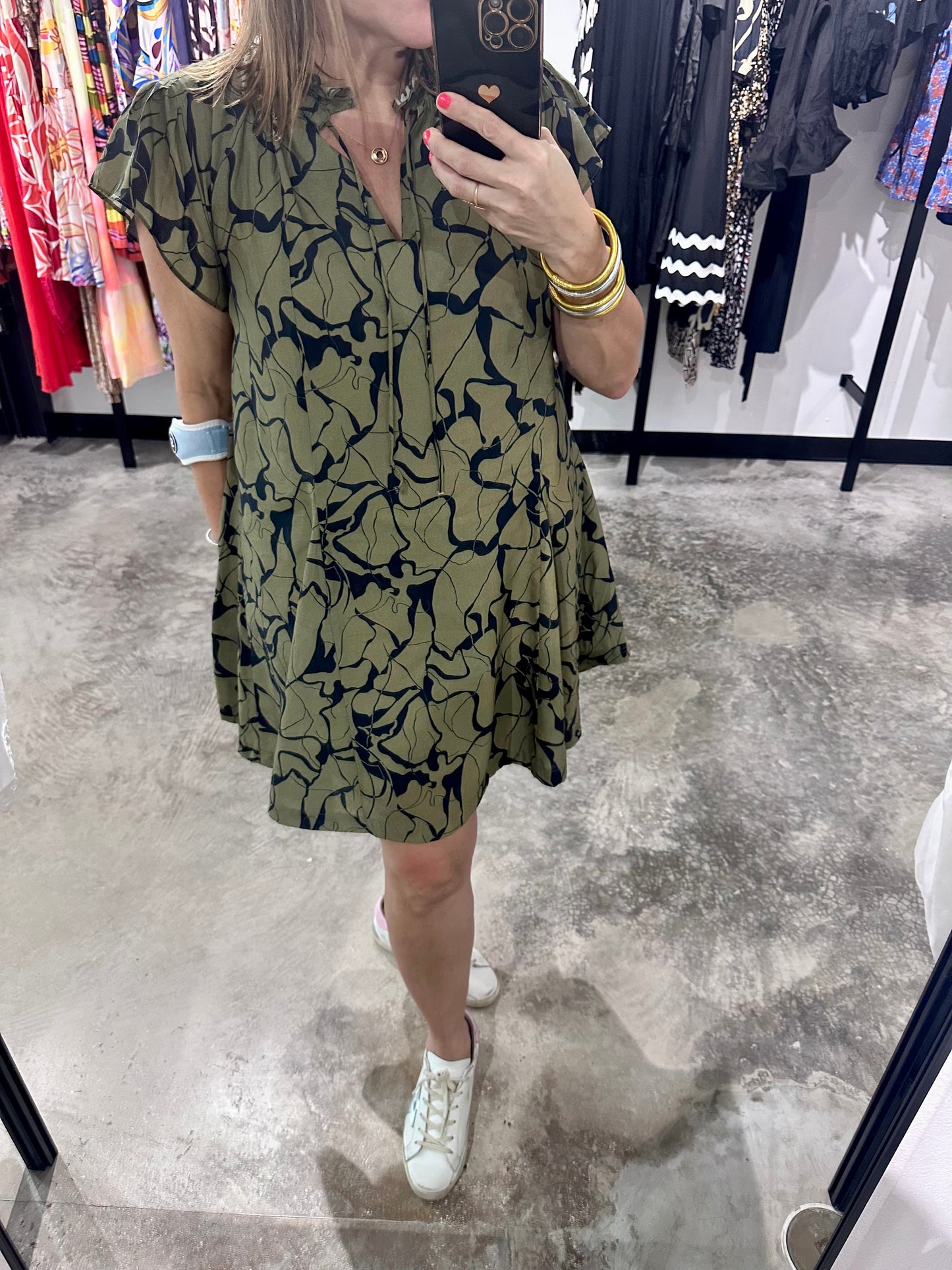 Olive Green Abstract Short Dress