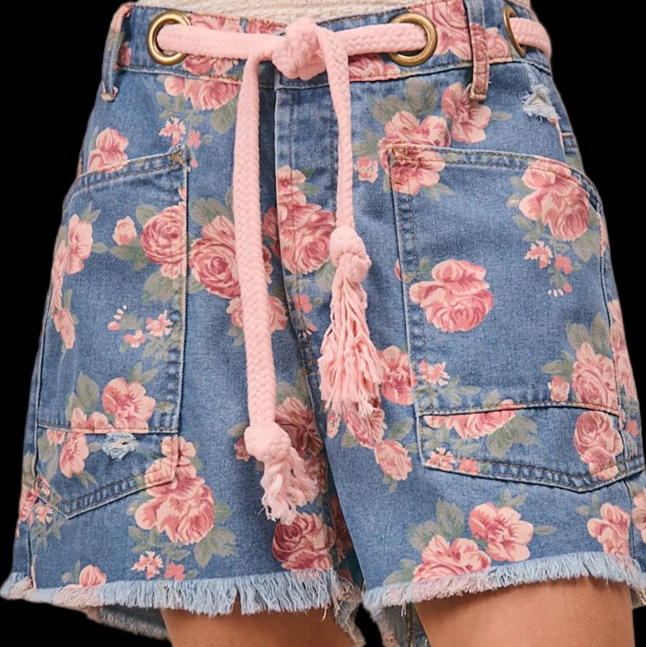 Braided Waist Floral Print Shorts
