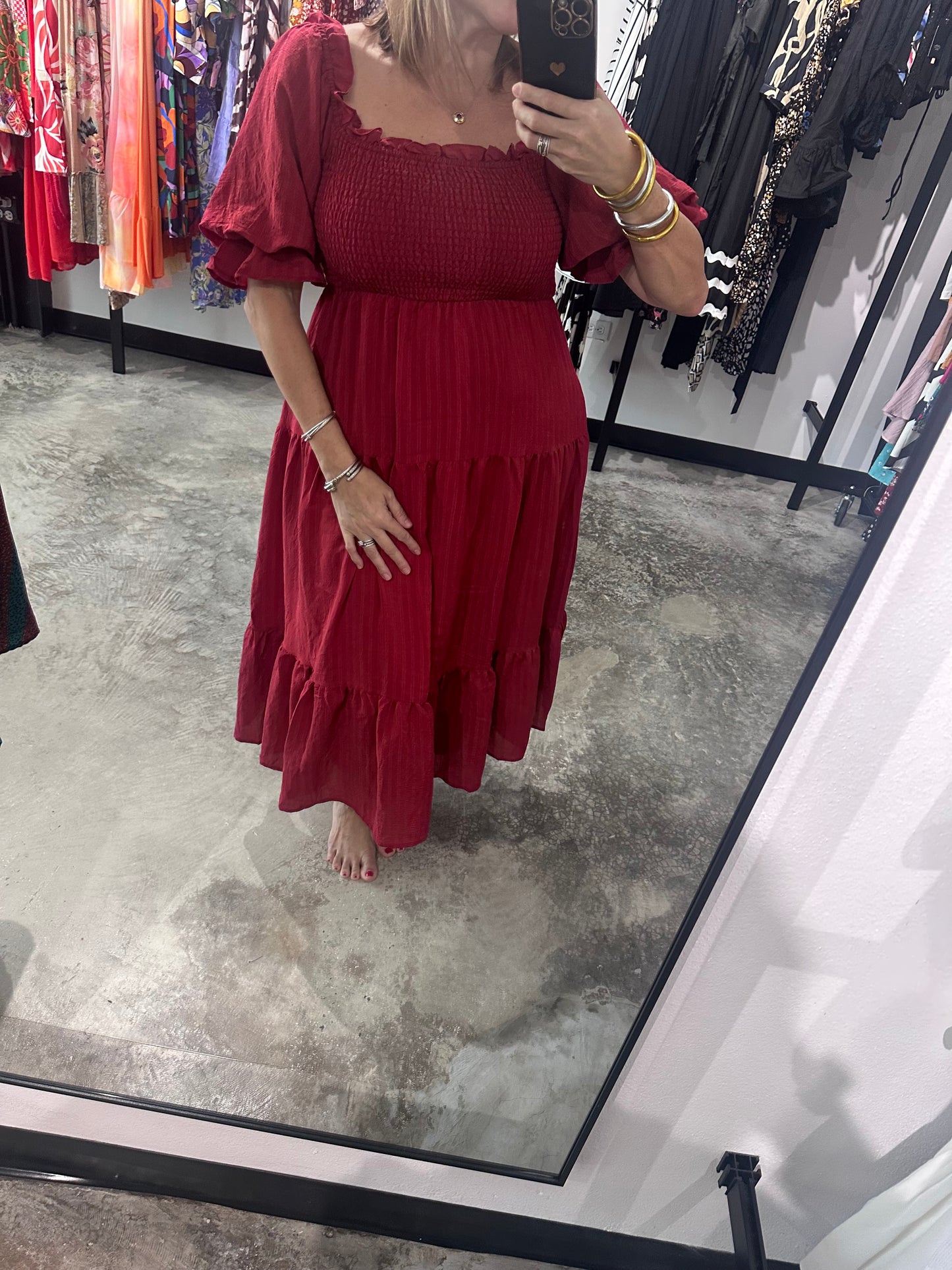 Wine Puff Sleeves Tiered Midi Dress