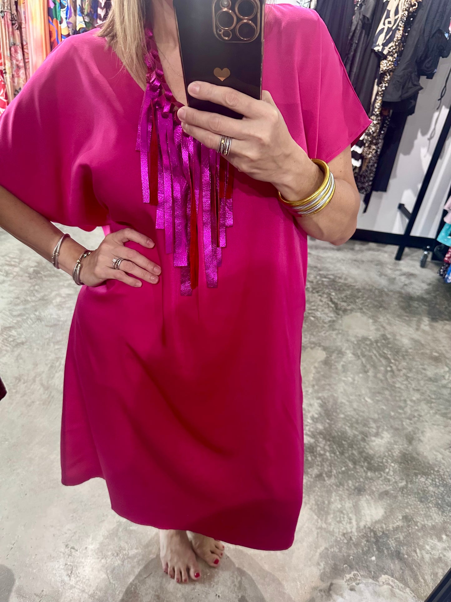 Hot Pink V Neck Midi Dress