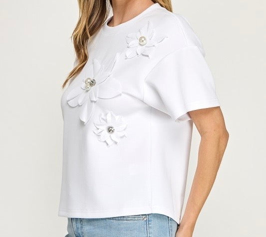 Floral Appliqué White Top