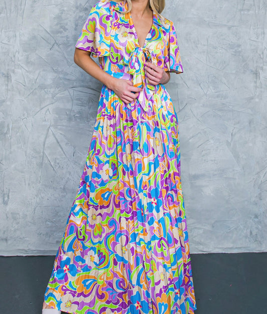 Small - Multi Print Tie Front Chest Wide Leg Jumpsuit