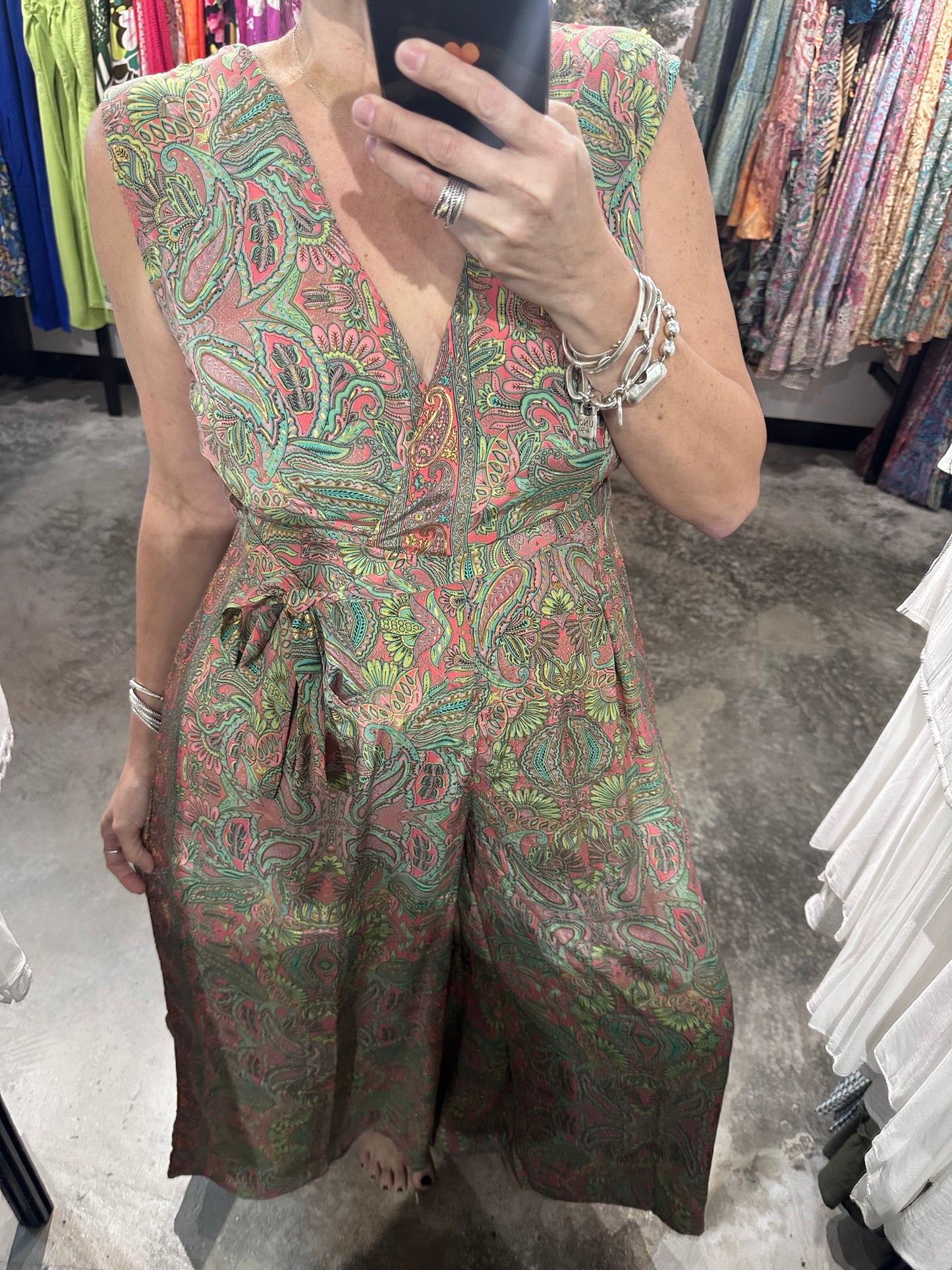 One Size V Neck Boho Wide Leg Jumpsuit