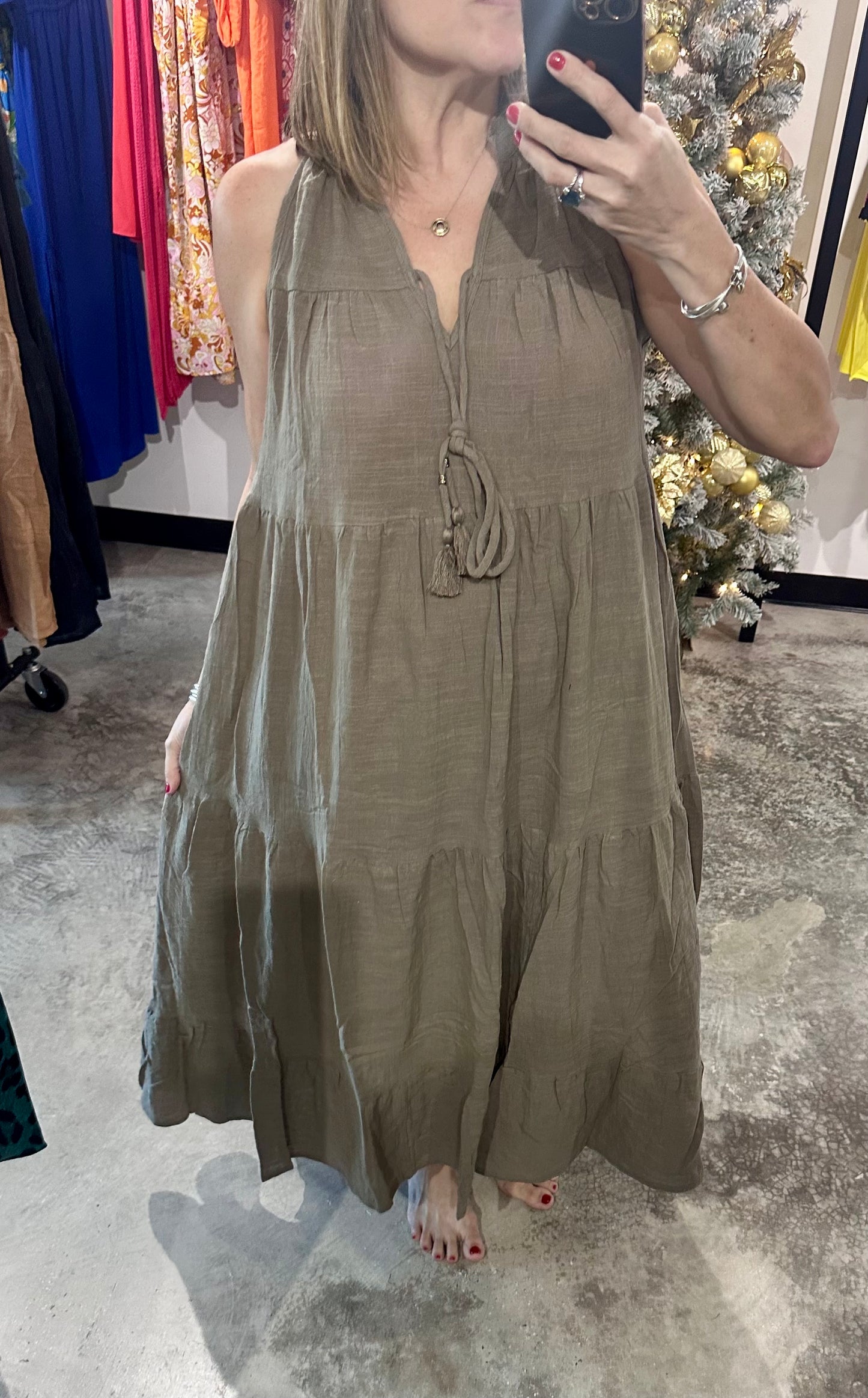 One Size Cotton Solid Tiered Maxi Dress