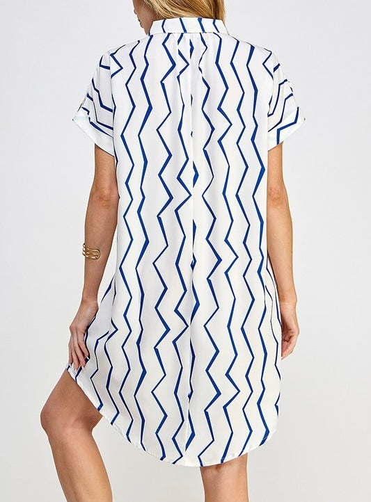 Medium - White & Blue Zigzag Short Dress