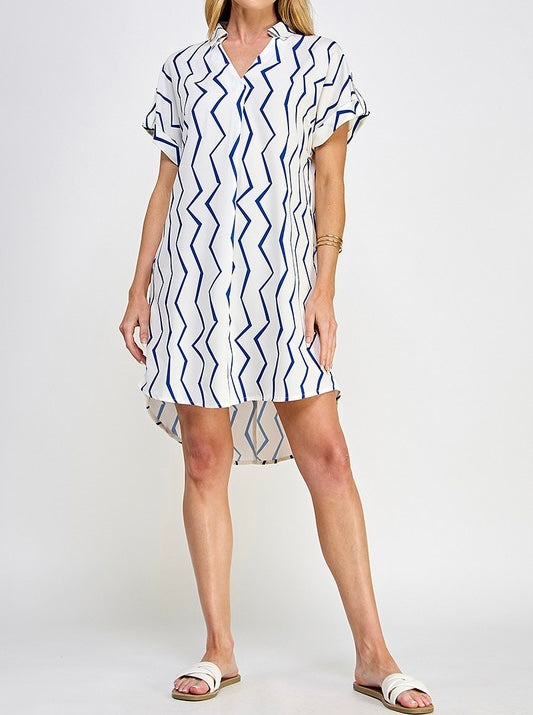 Medium - White & Blue Zigzag Short Dress