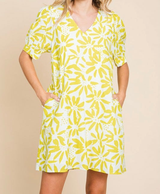 Small - Lemon Flower Print Short Dress