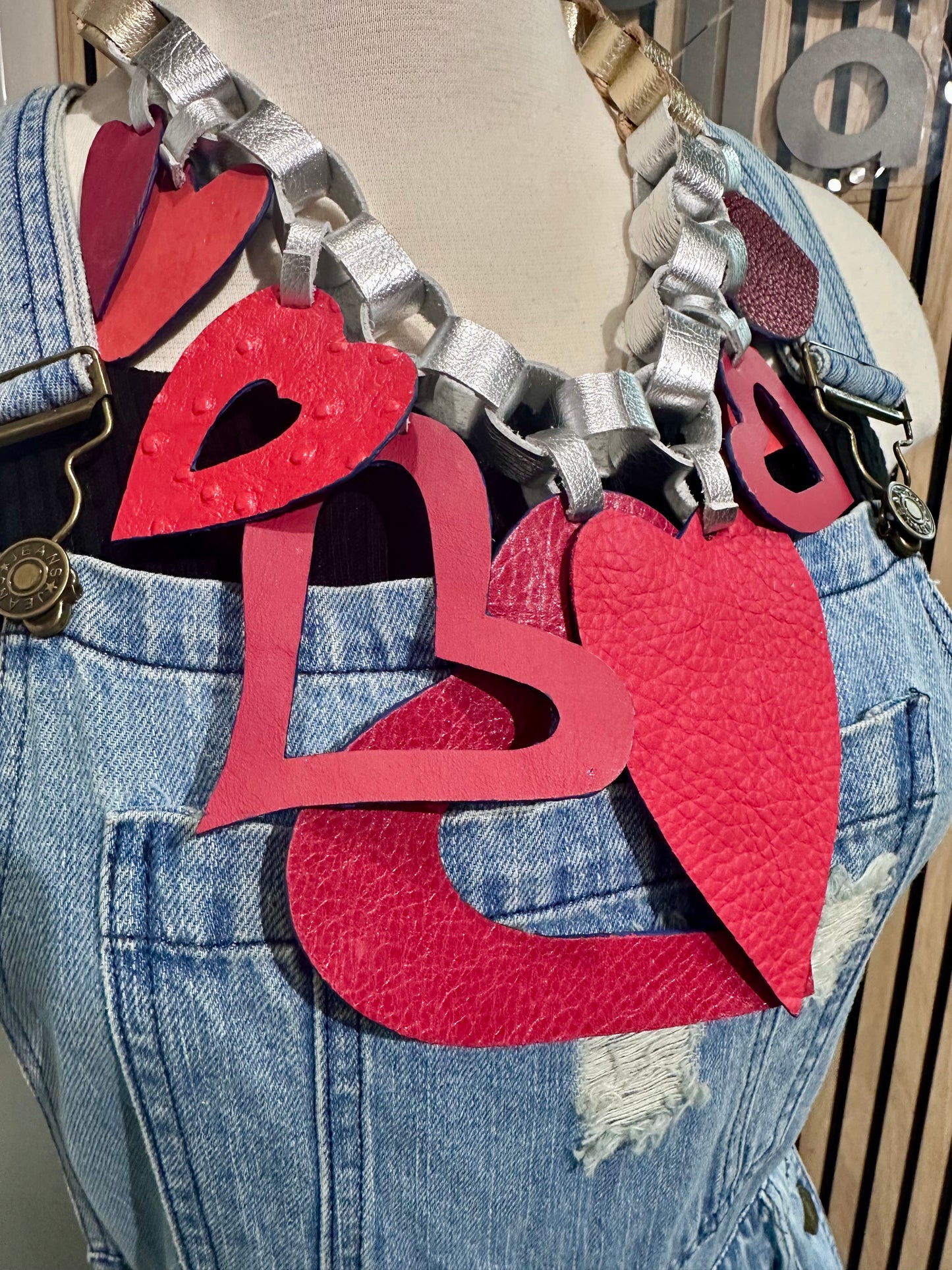 Red & Blue Heart Leather Necklace