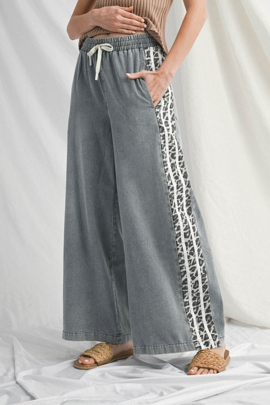 Denim Side Leopard Wide Leg Pants