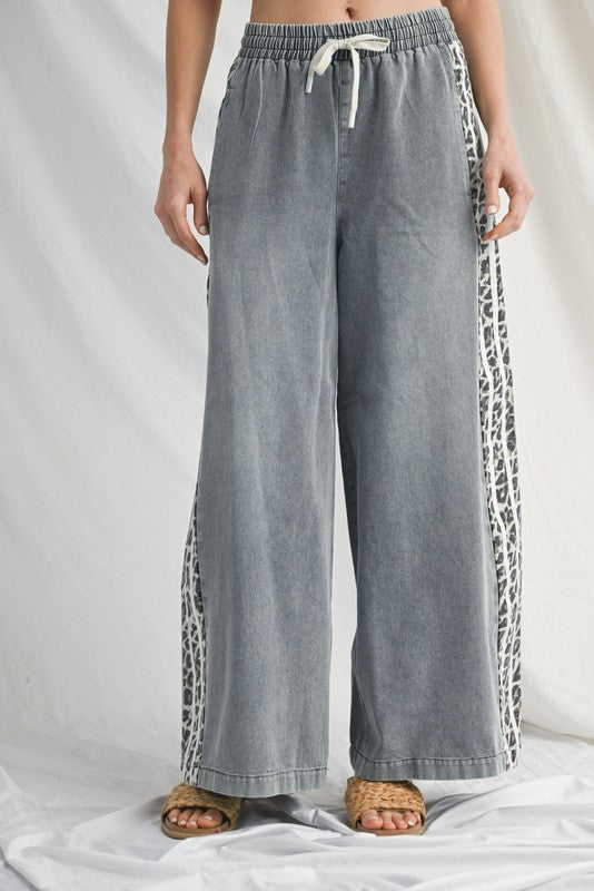 Denim Side Leopard Wide Leg Pants