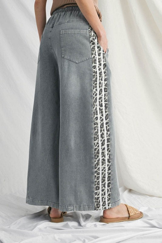 Denim Side Leopard Wide Leg Pants