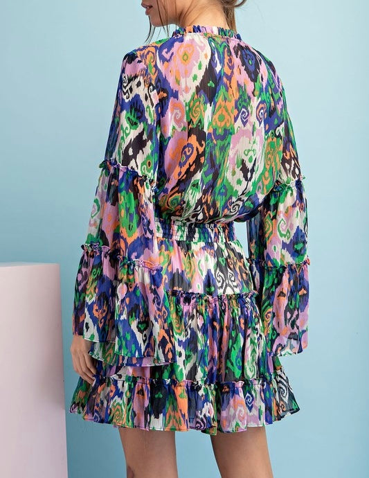 Print Bell Sleeve Short Dress