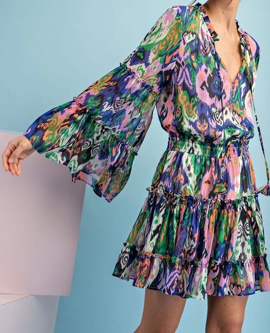 Print Bell Sleeve Short Dress