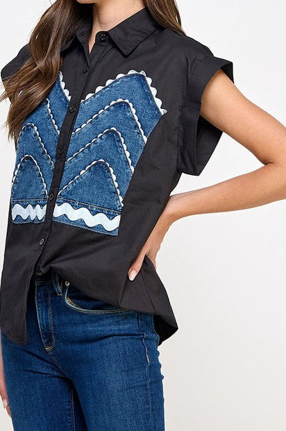 Black Denim Color Block Top