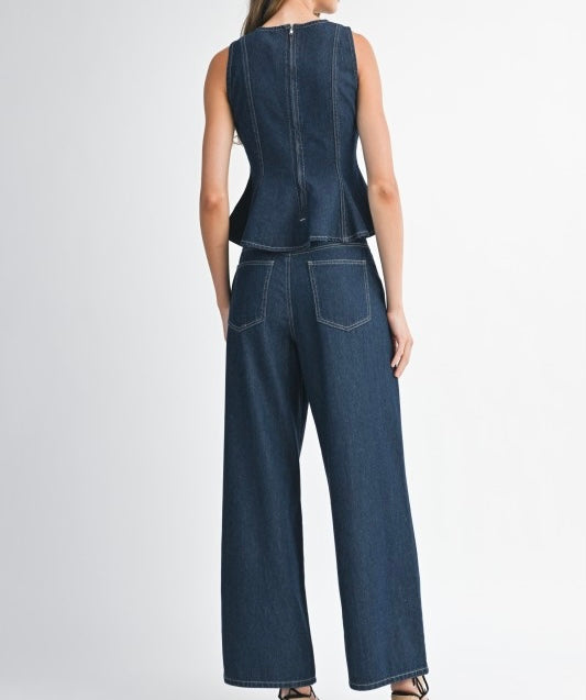 Denim Sleeveless Peplum Pant Set