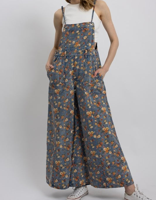 Flower Denim Wide Leg Jumpsuit