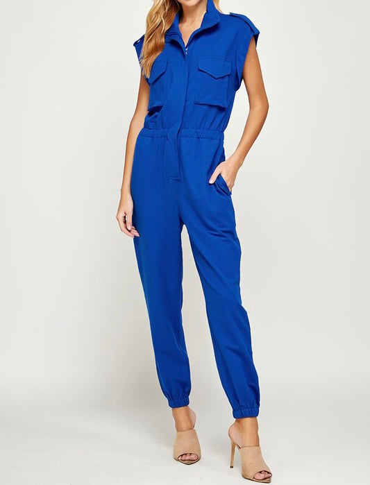 Small - High Neck Sleeveless Jumpsuit - Royal Blue