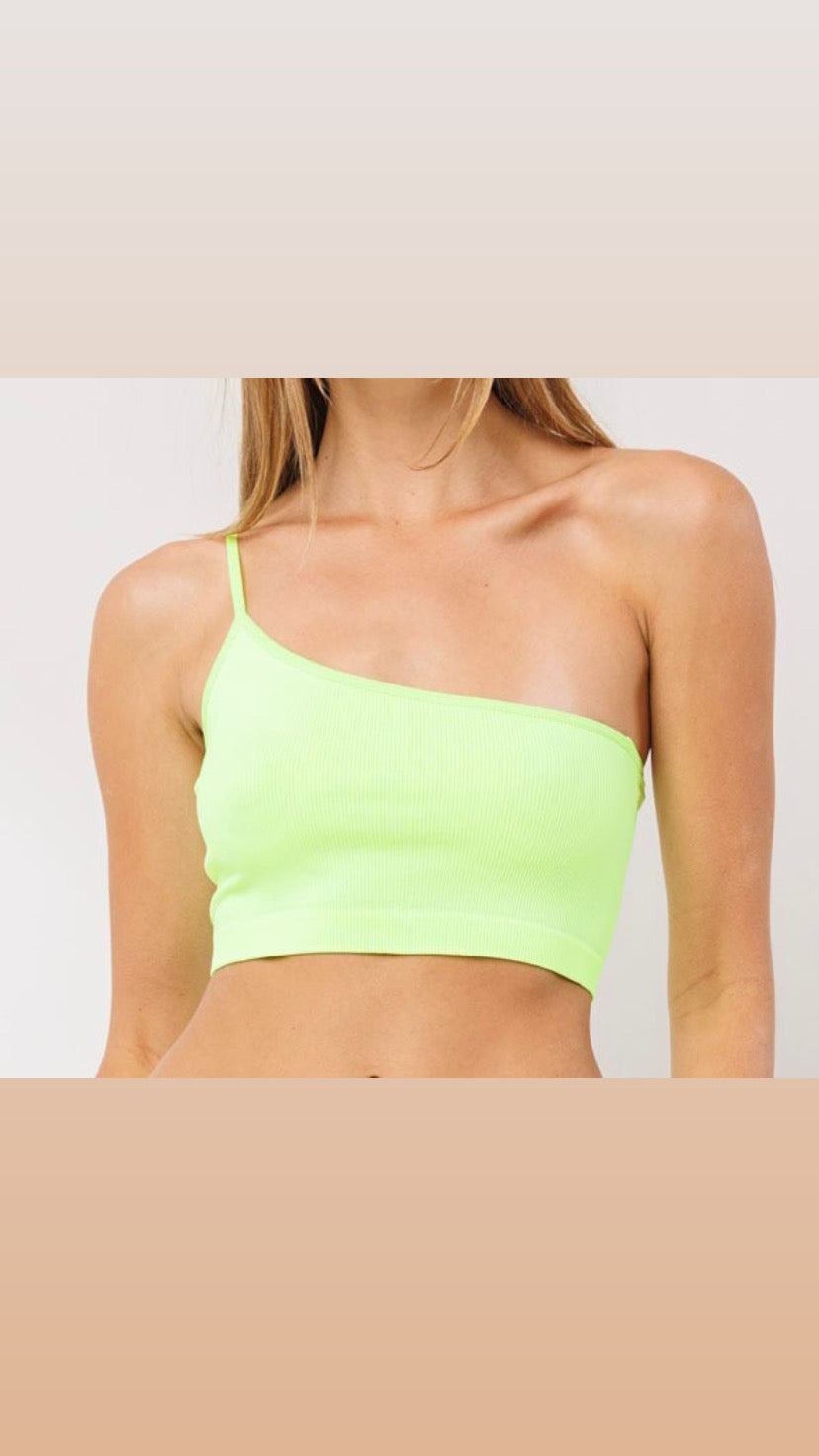 one shoulder neon crop top