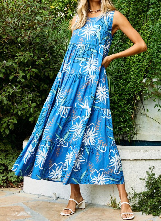 Small - Floral Print Maxi Dress in Blues