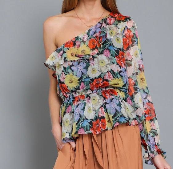 Small - One Shoulder Long Sleeve Top