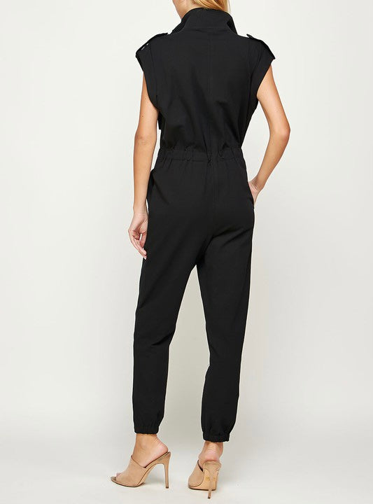 Small - High Neck Sleeveless Jumpsuit - Black