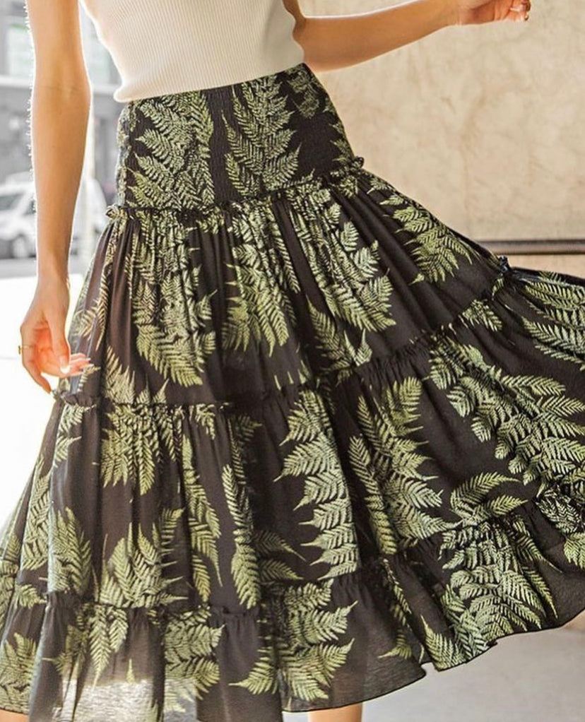 Small - Tropical Print Tiered Maxi Skirt