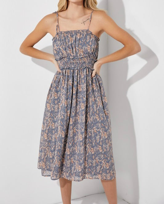 Small - Floral Self Tie Strap Midi Dress