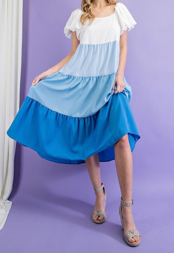 Medium - Blues…Tiered Color-block Midi Dress