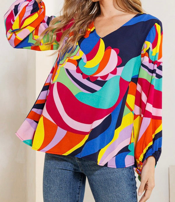 Small - Multi Color Balloon Sleeve Top