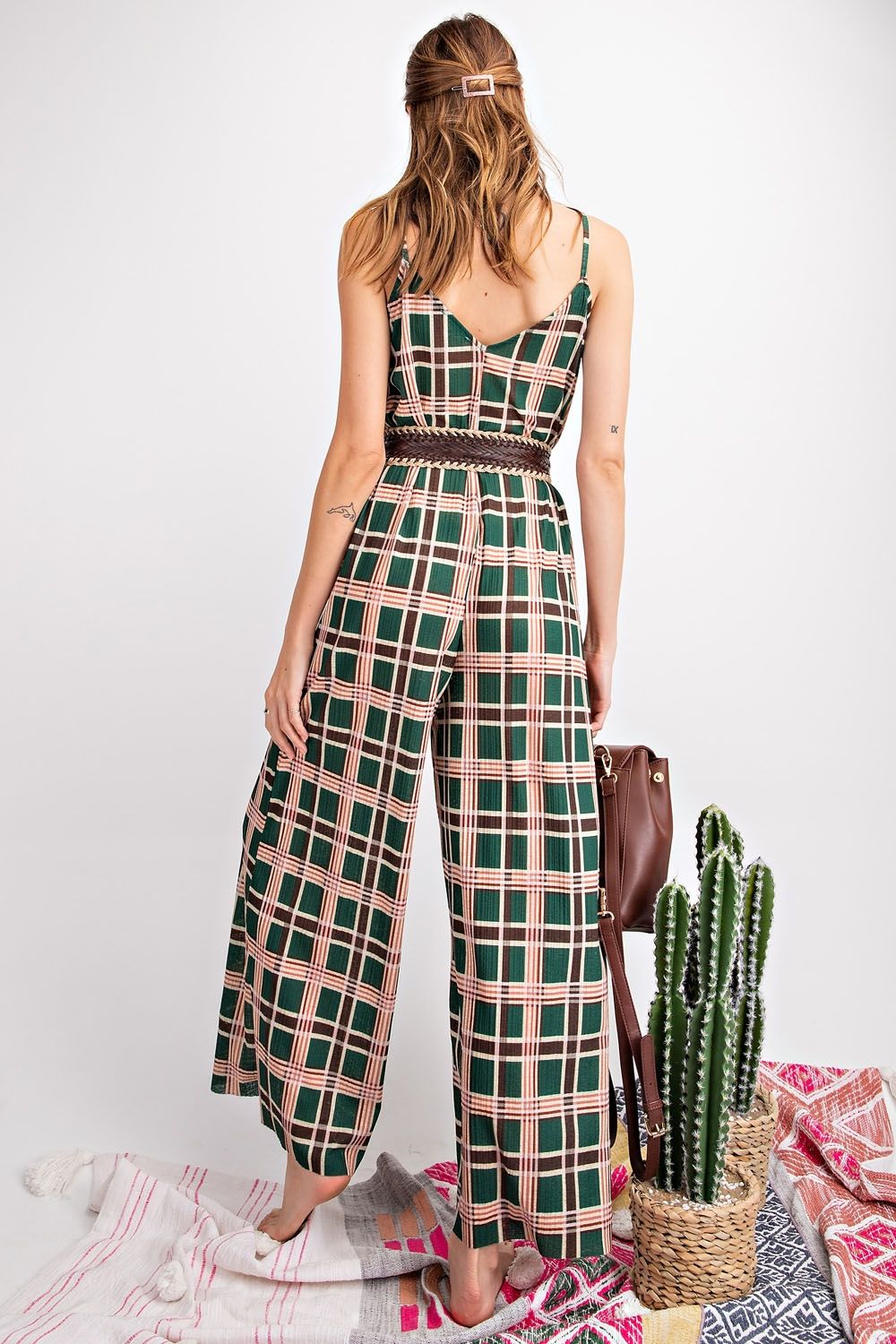 Small - Plaid Print Knit Jumpsuit