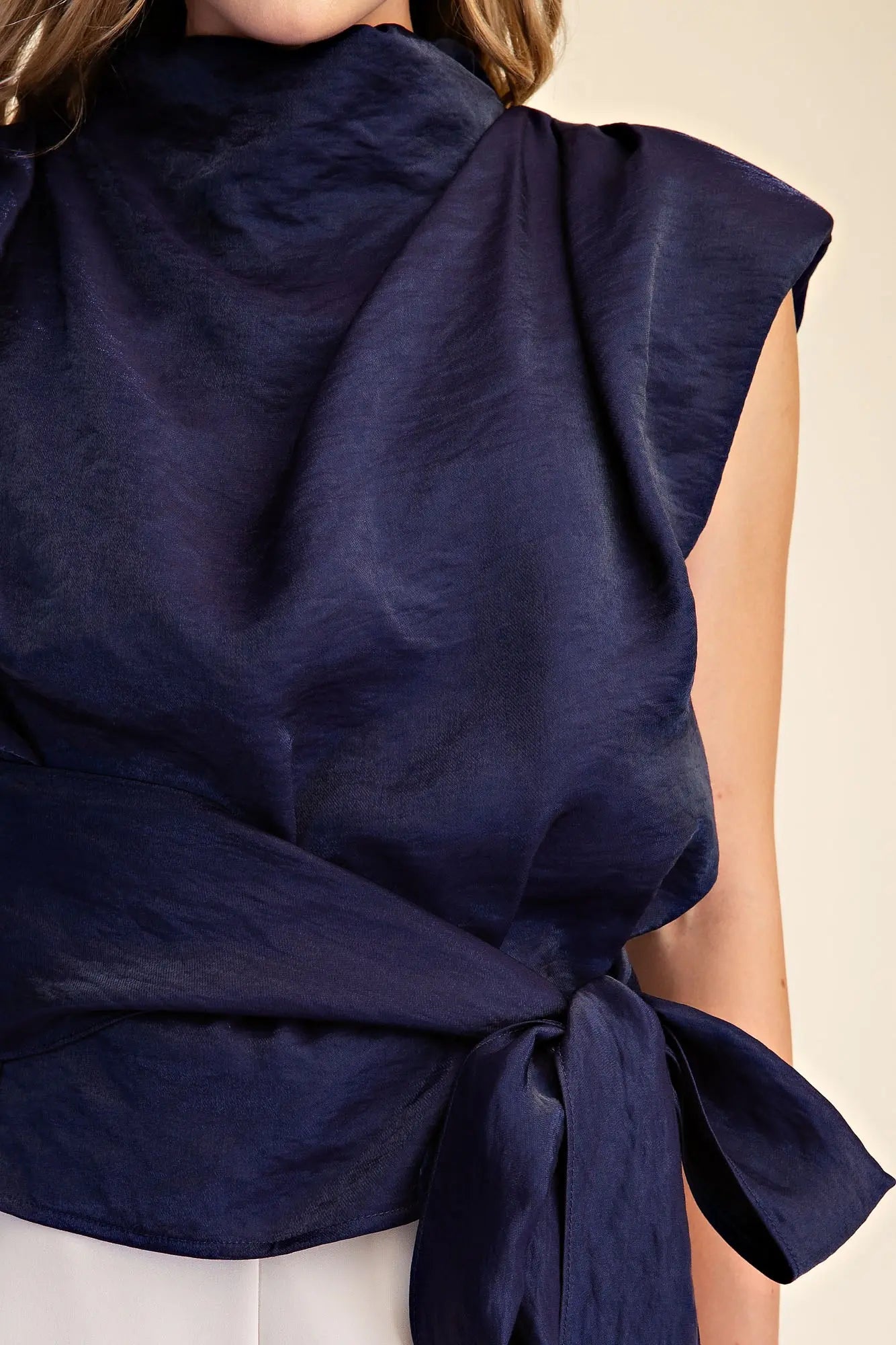 Mock Neck Waist Tie Blouse - Assorted