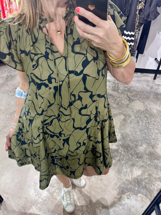 Olive Green Abstract Short Dress
